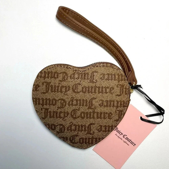 Juicy Couture Gothic Logo Print Brown Beige Heart Wristlet Bag NWT - Picture 4 of 7